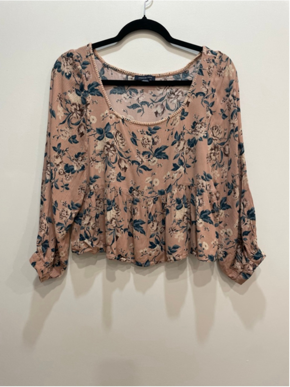 American Eagle Pink Floral Milkmaid Blouse M Cropped Cottagecore Romantic Boho